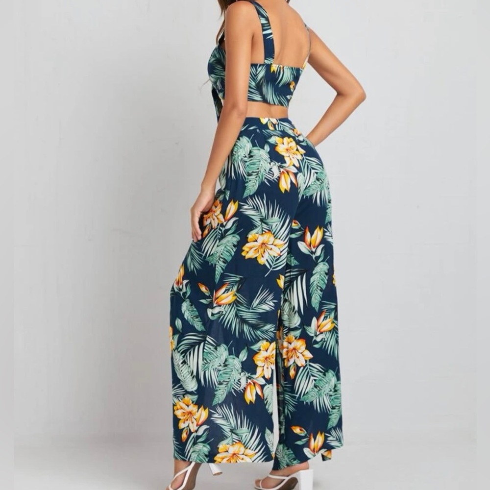 SHEIN VCAY Tropical Print Tie Front Cami Top and High Split Pants Set